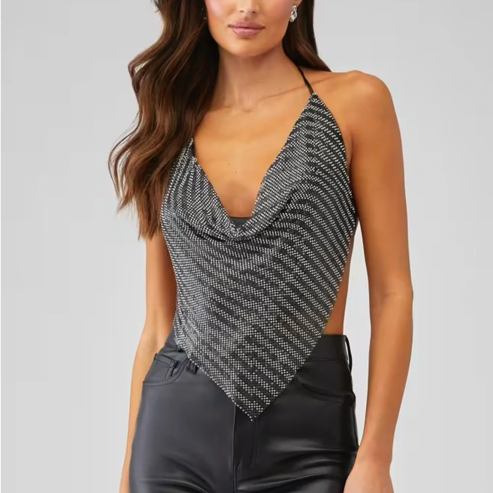 STEVE MADDEN JANET SPARKLE SILVER & BLACK BACKLESS COWL NECK PARTY HALTER TOP - Picture 1 of 14
